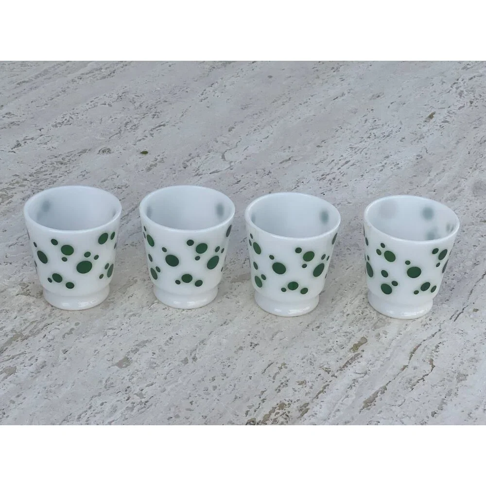 Hazel Atlas Milk Glass Footed Mugs Set Of 4 Green Polka Dot MCM Logo Retro Gift